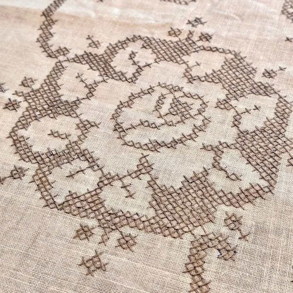 Vintage Tablecloth Cross Stitch Linen Hand Embroidered Scalloped Rectangle 88”